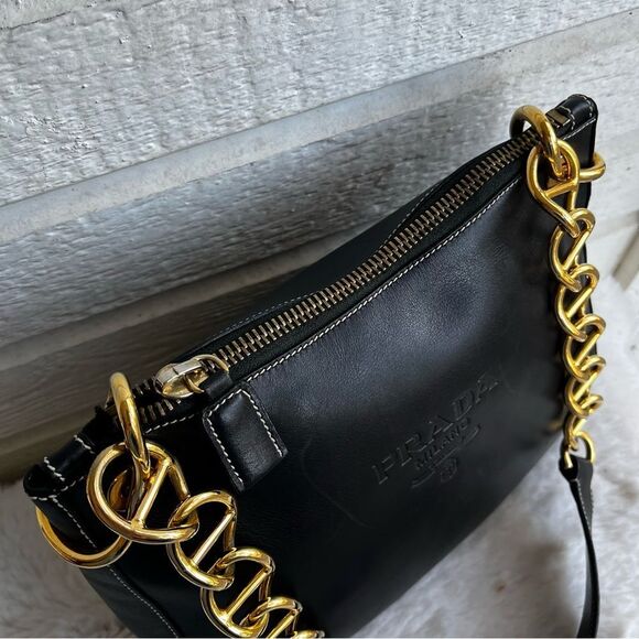 PRADA Black Leather Gold Hobo Baguette Re Edition Galleria Shoulder Bag - Picture 6 of 16